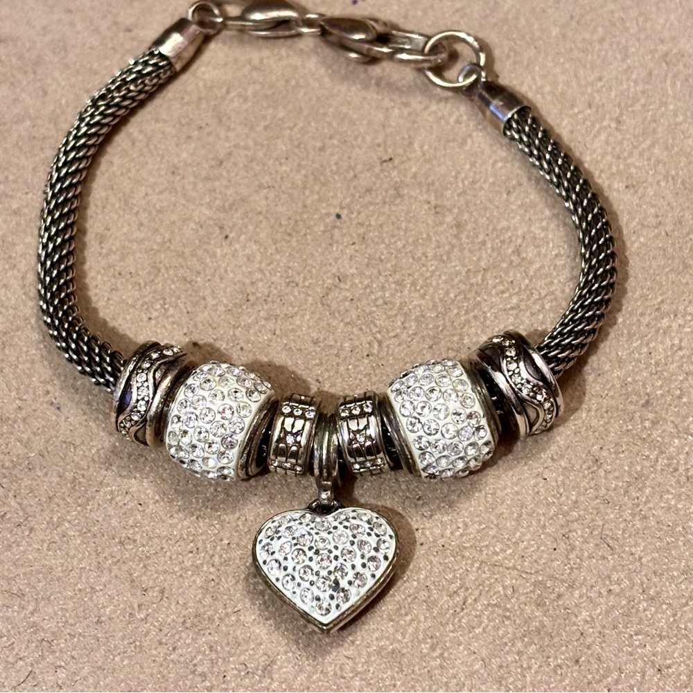 Brighton Cupid’s Kiss Heart charm Crystals on white Silver scroll back Retired - Picture 4 of 6